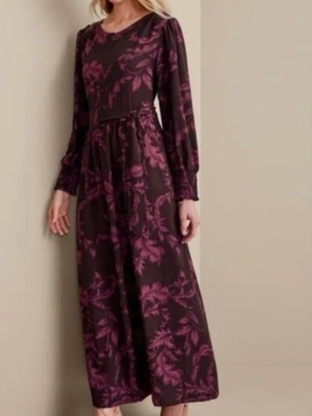 Soft Surroundings Sz L Wine Botanical Belted Long Sleeve Dianthe Maxi Dress NWOT